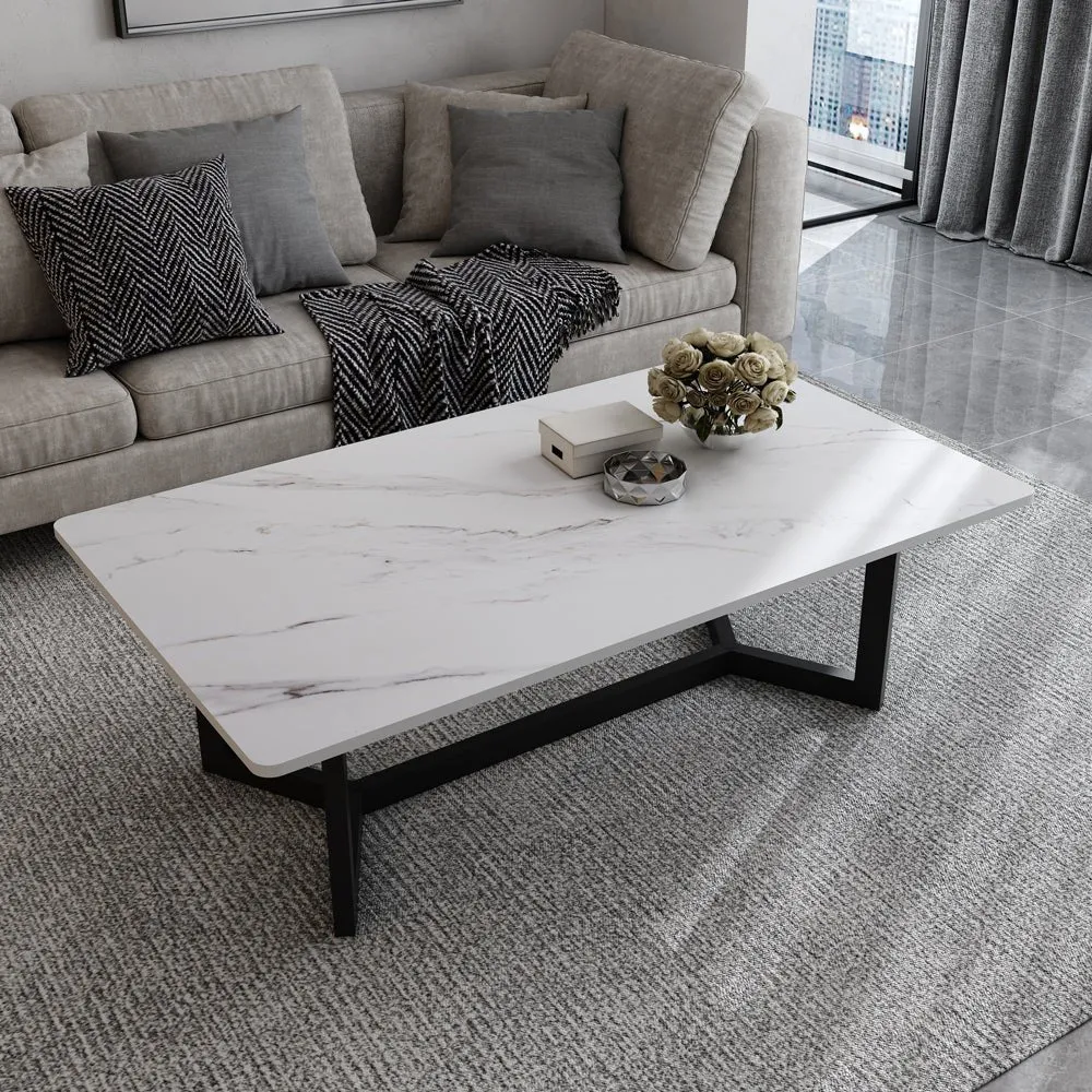 120x60cm Glossy White Minimalist Slate Coffee Table | Marble Tea Table | Solid Metal Legs