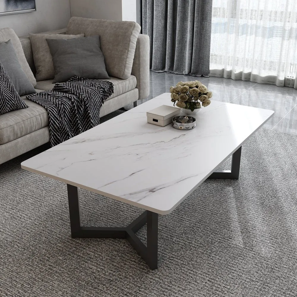 120x60cm Glossy White Minimalist Slate Coffee Table | Marble Tea Table | Solid Metal Legs