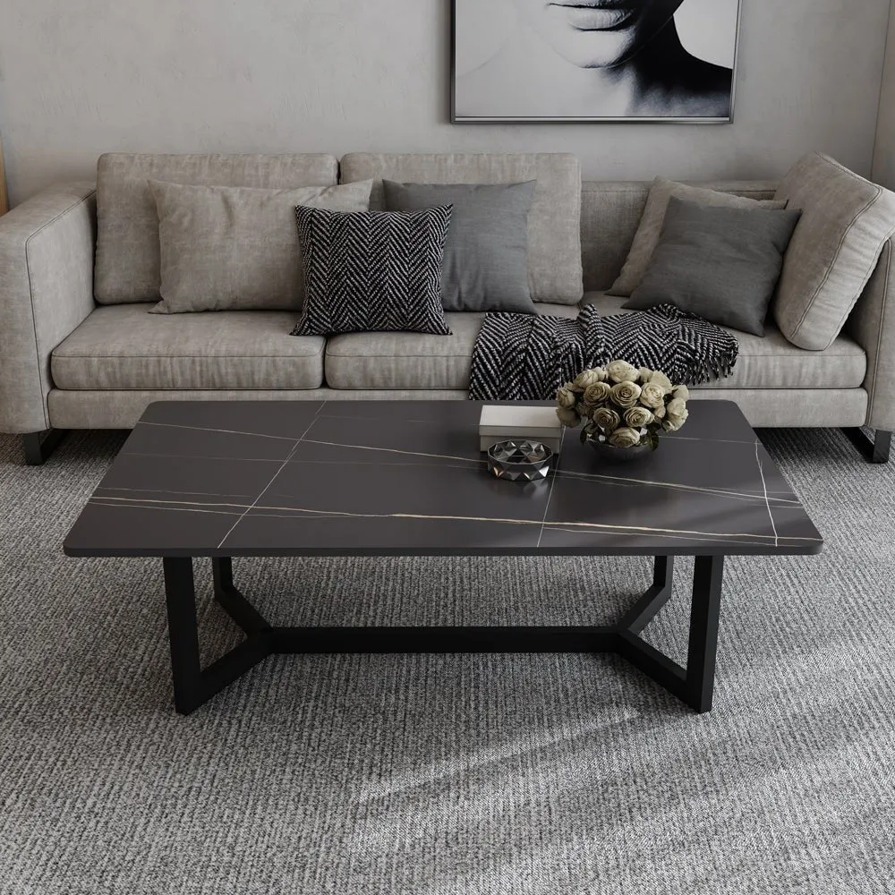 120x60cm Glossy White Minimalist Slate Coffee Table | Marble Tea Table | Solid Metal Legs
