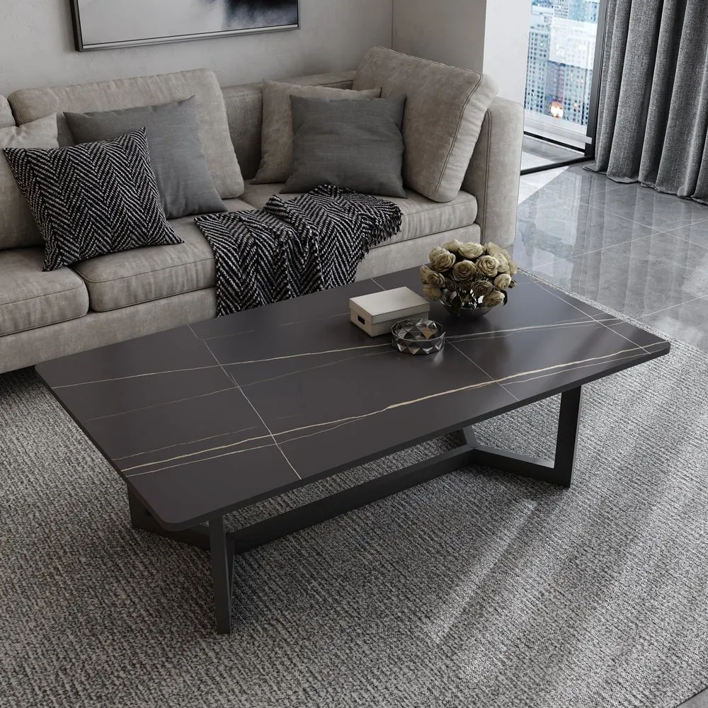 120x60cm Glossy White Minimalist Slate Coffee Table | Marble Tea Table | Solid Metal Legs