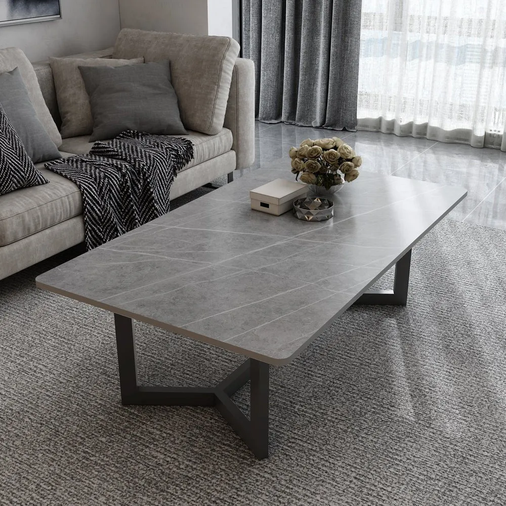 120x60cm Glossy White Minimalist Slate Coffee Table | Marble Tea Table | Solid Metal Legs