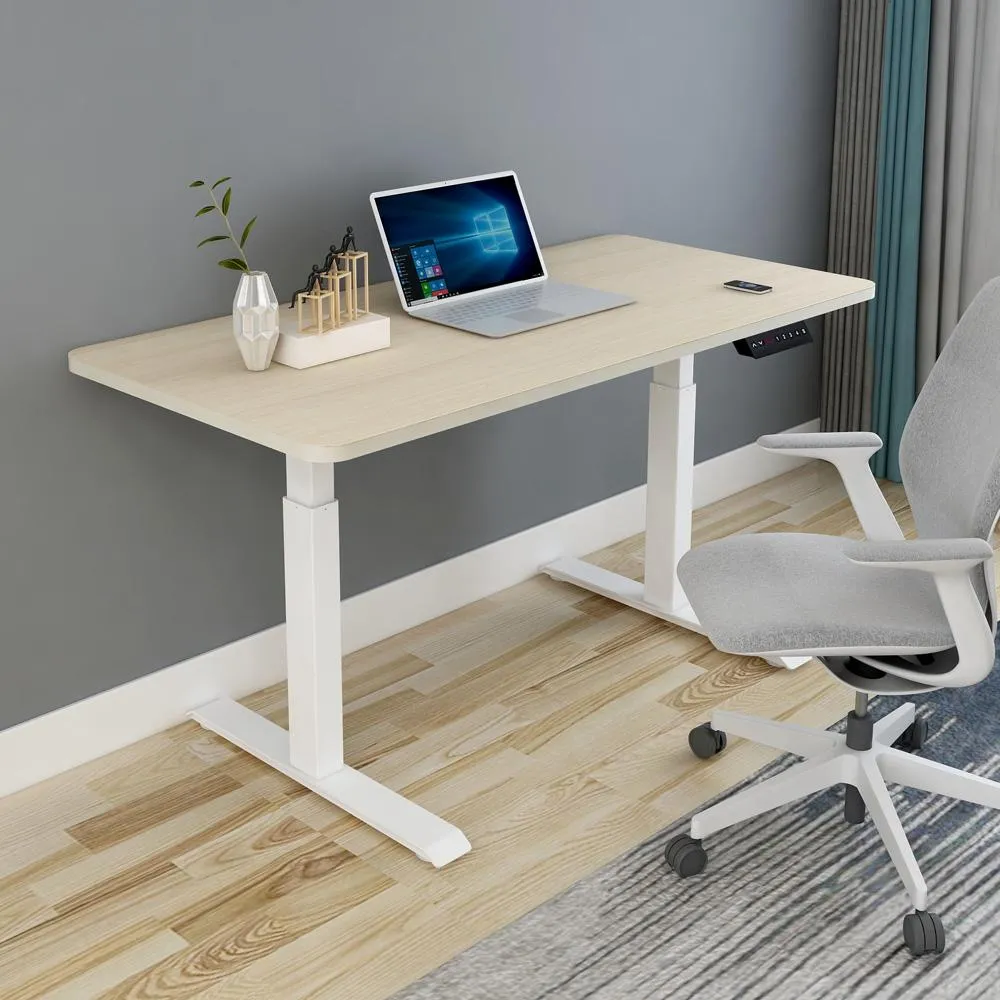 140cm Standing Desk | Height Adjustable | Sit Stand Motorised | Grey Dual Motors Frame | Maple Top