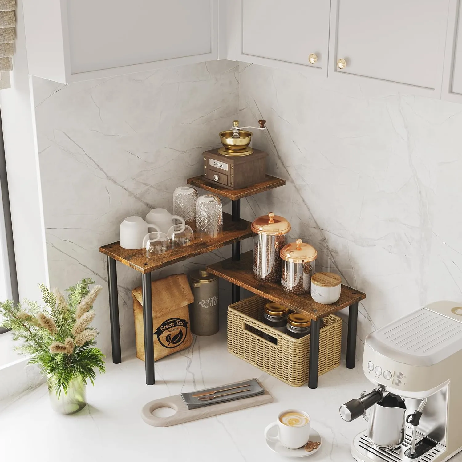 3-Tier Wooden Corner Shelf | Kitchen Spice Rack Organiser for Home Storage & Organisation