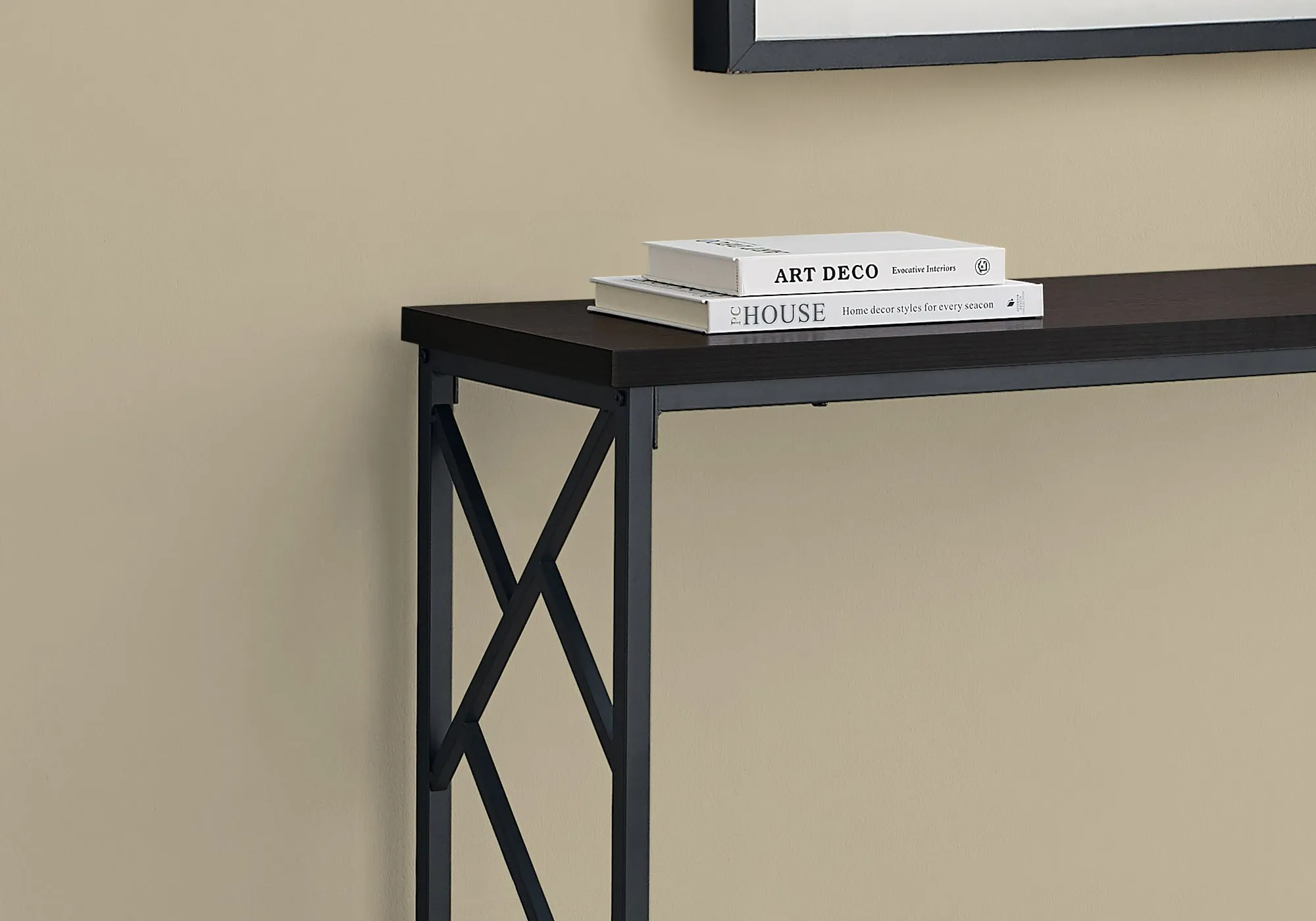 Accent Table - 44"L / Espresso / Black Metal Hall Console