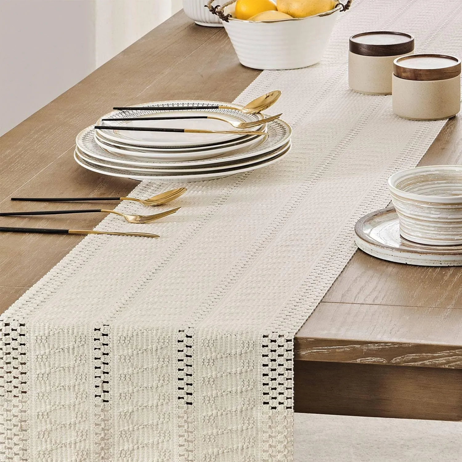 Cotton and Linen Boho Table Runner with Tassels