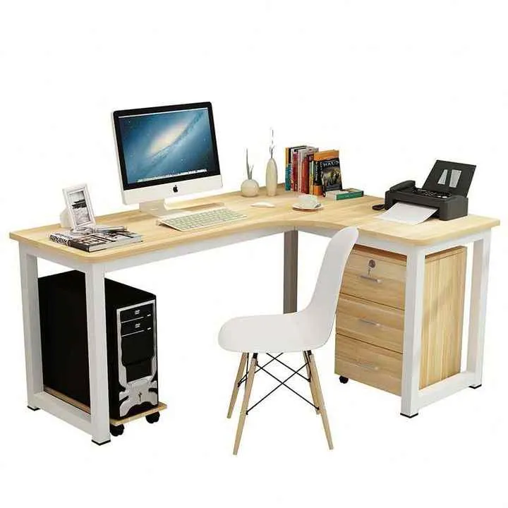 L على شكل معدن إطار الخشب منضدة كتابة طاولة المنزل زاوية كبيرة ستوديو مكتب الكمبيوتر L Shaped Metal Wood Frame Writing Desk Home Table Large Corner Studio Computer Desk