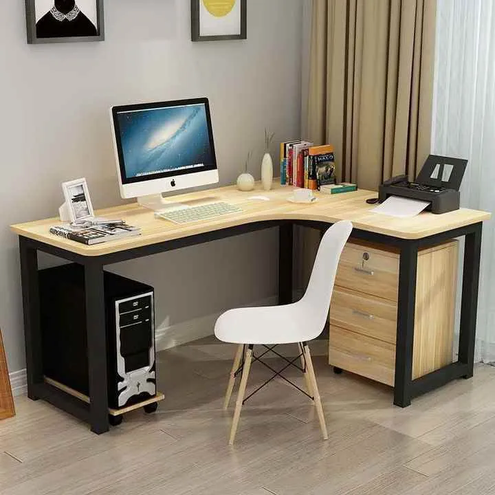 L على شكل معدن إطار الخشب منضدة كتابة طاولة المنزل زاوية كبيرة ستوديو مكتب الكمبيوتر L Shaped Metal Wood Frame Writing Desk Home Table Large Corner Studio Computer Desk